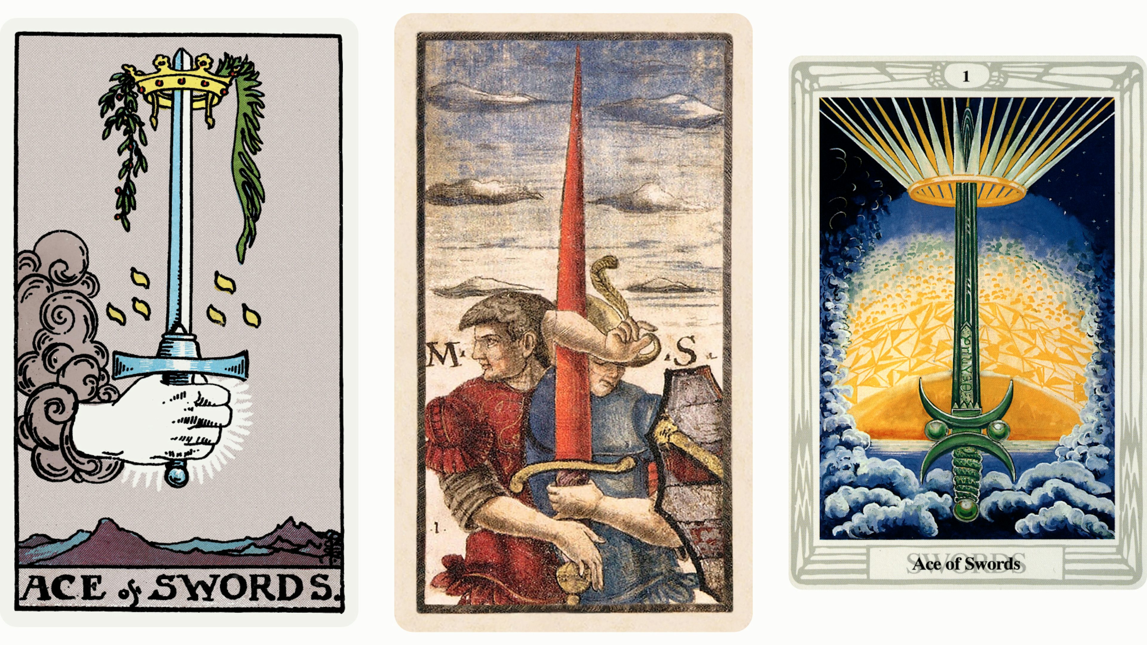 Ace of Swords Tarot Card Variants: Rider Waite Smith, Sola Busca, and Thoth