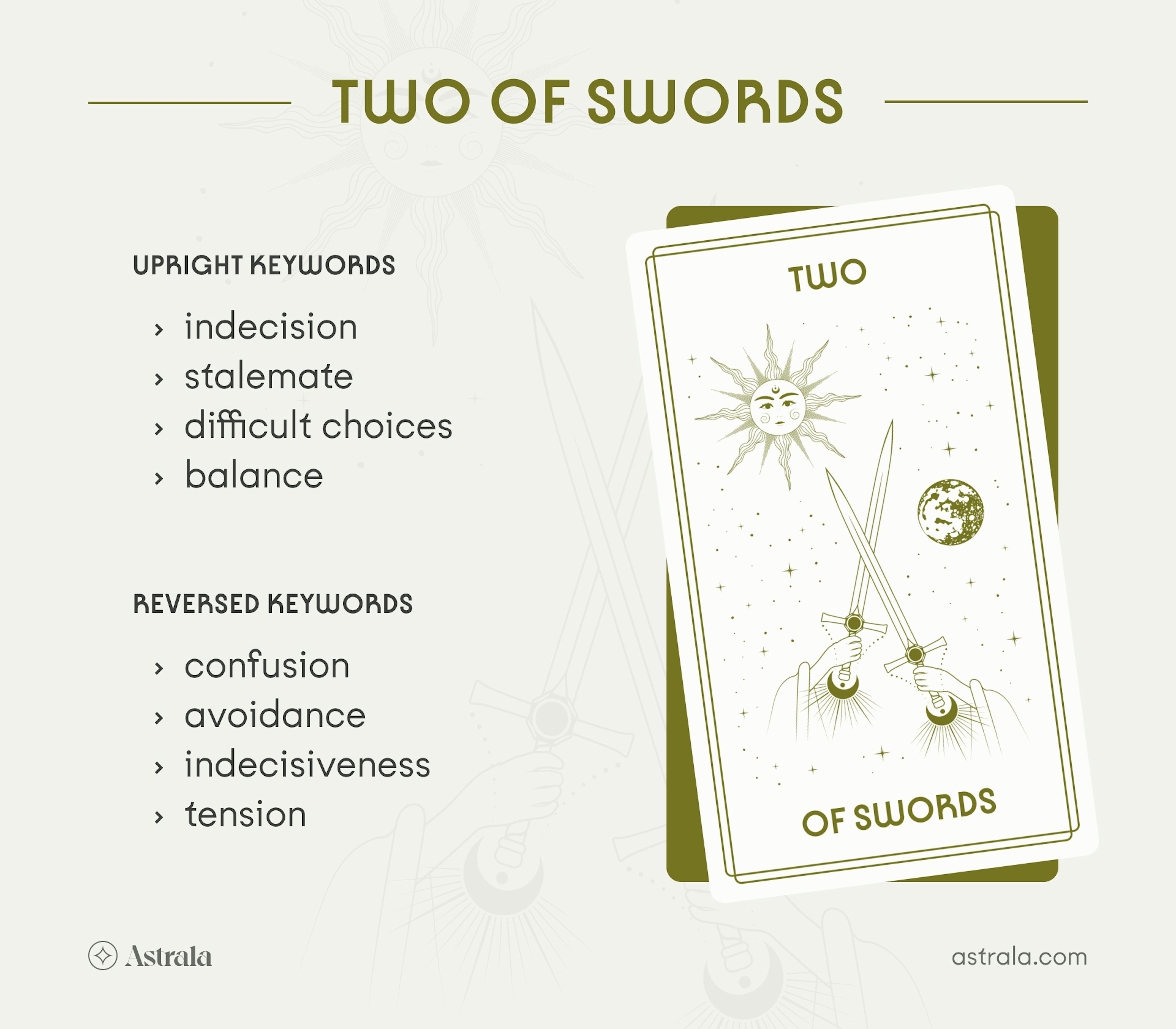 Two of Swords Tarot Card Upright and Reversed Keywords