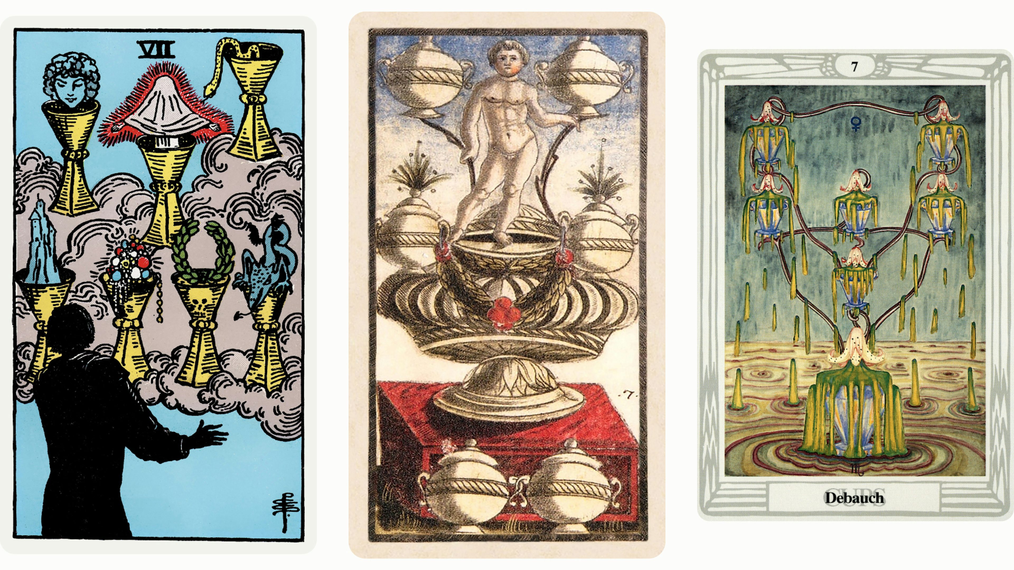 Seven of Cups Tarot Card Variants: Rider Waite Smith, Sola Busca, and Thoth