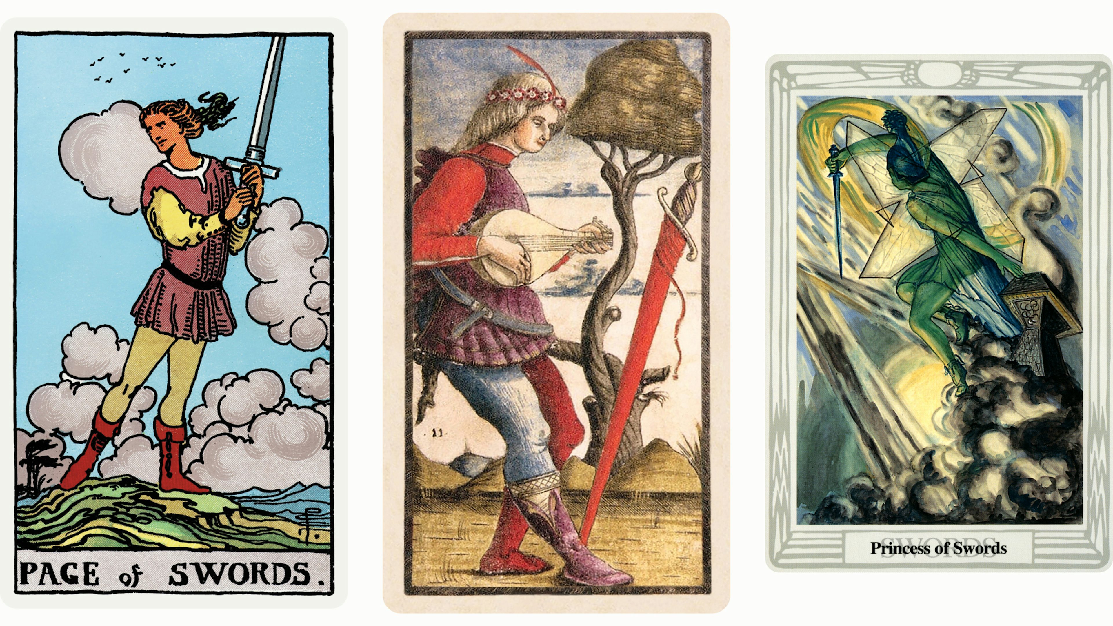 Page of Swords Tarot Card Variants: Rider Waite Smith, Sola Busca, and Thoth