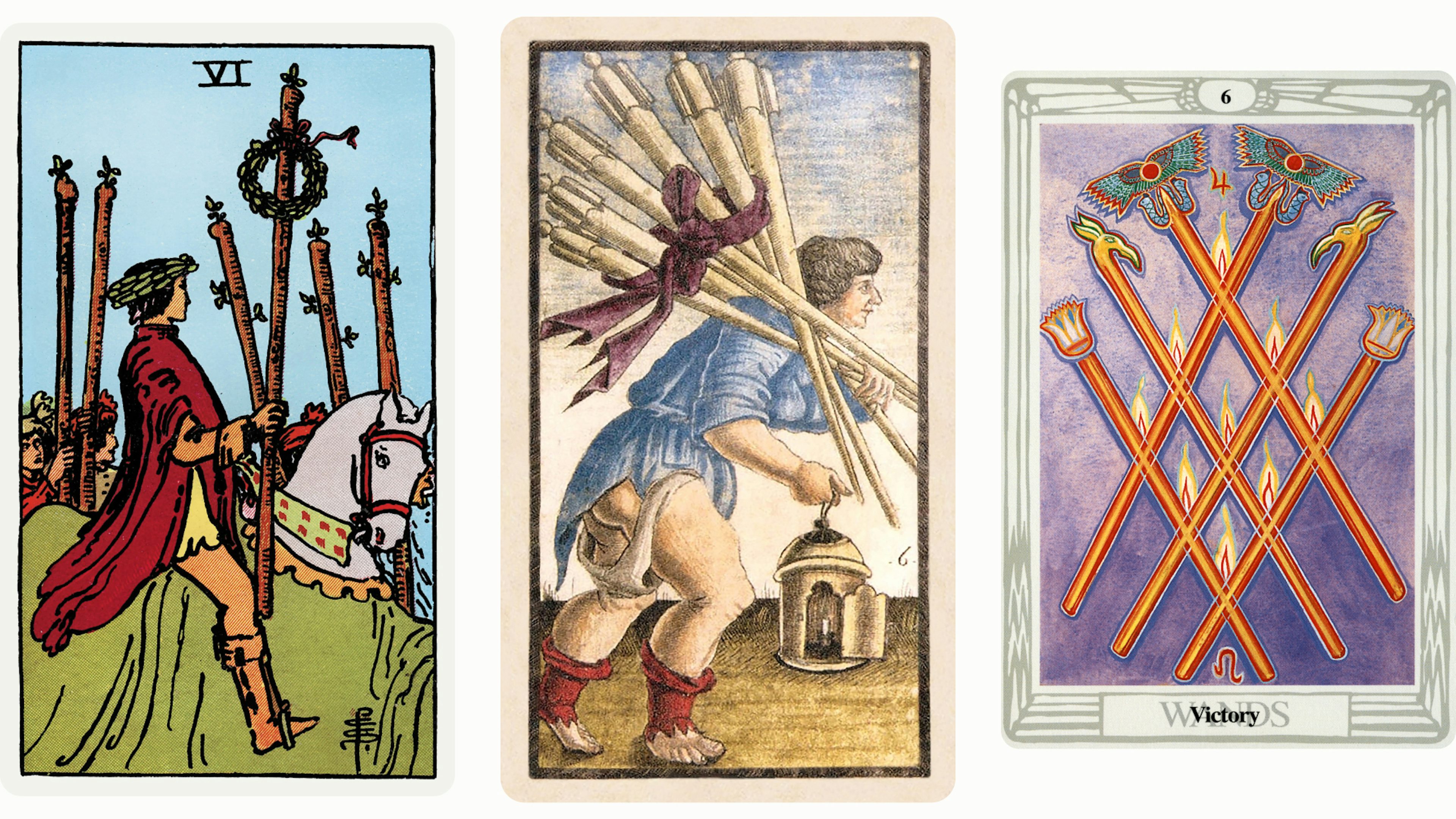 Six of Wands Tarot Card Variants: Rider Waite Smith, Sola Busca, and Thoth