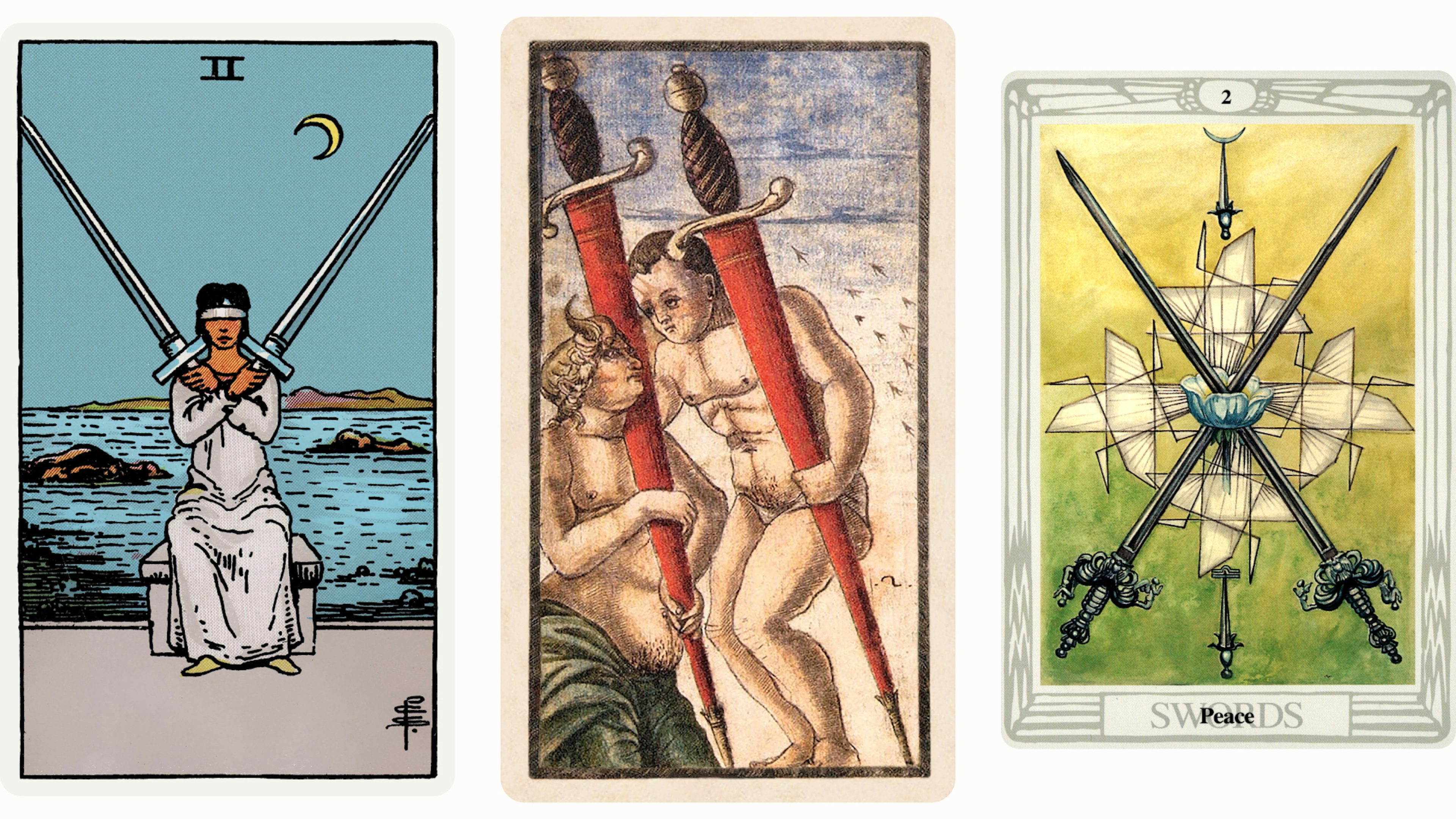 Two of Swords Tarot Card Variants: Rider Waite Smith, Sola Busca, and Thoth
