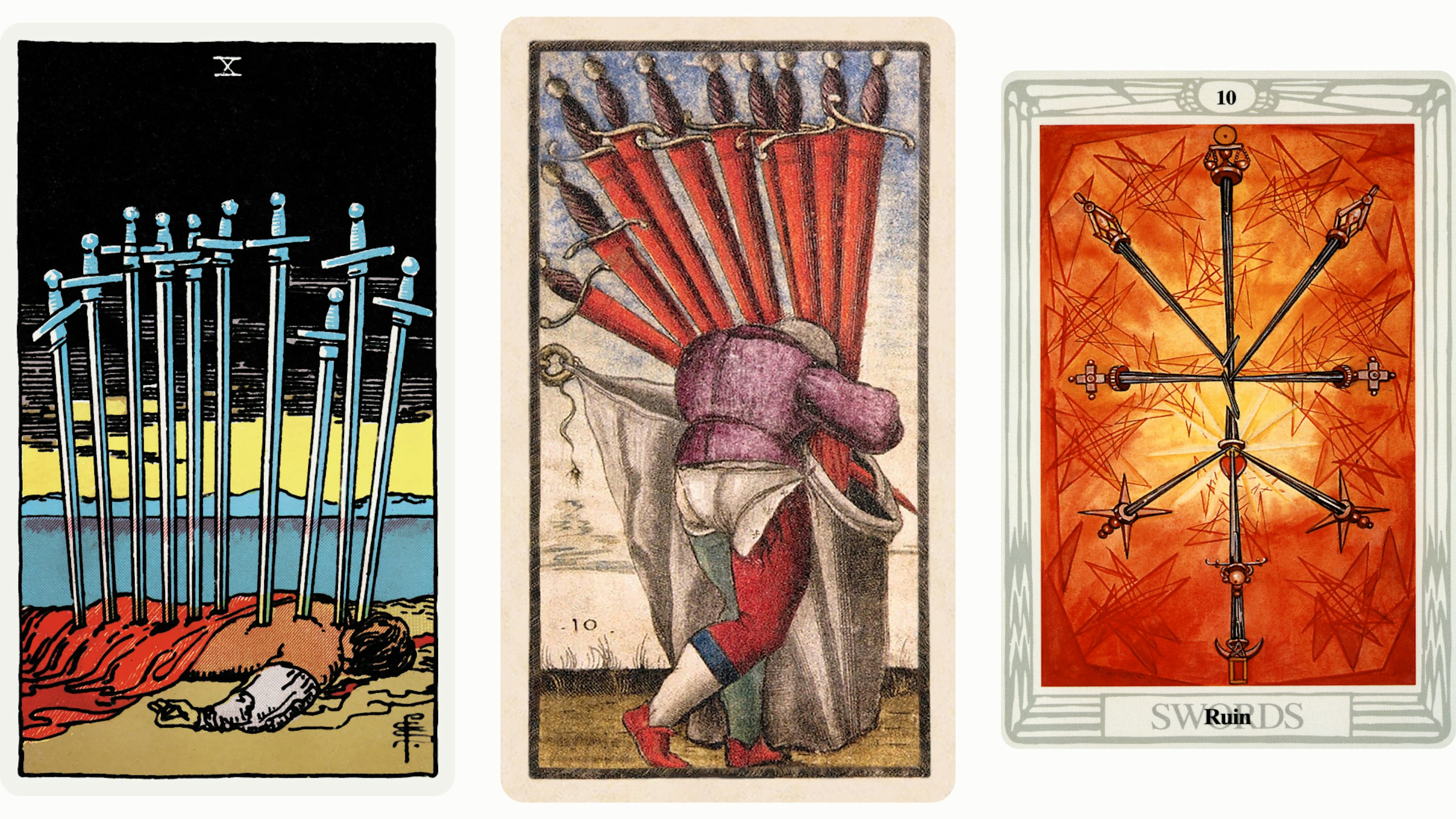 Ten of Swords Tarot Card Variants: Rider Waite Smith, Sola Busca, and Thoth
